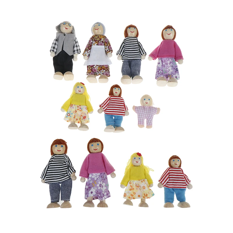 Small Wooden Happy Dollhouse Family Dolls Toy Set Figures Dressed Characters Children Kids Playing Doll Gift Kids Pretend Toys