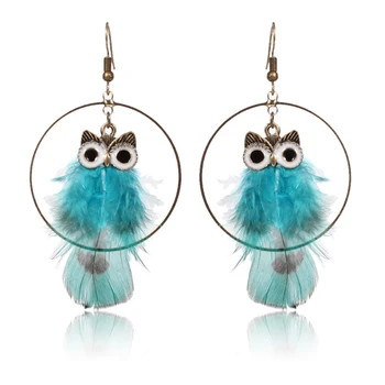 

Vintage Crystal Owl Dangle Earrings For Women Ethnic Simple Retro Animal Earrings Round Gold Metal Feather Brincos Jewelry Gifts
