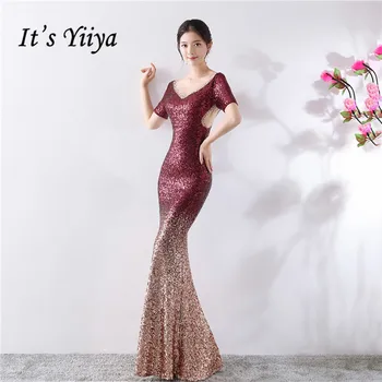 

Sequin Evening Dress It's Yiiya DX370 Burgundy Sparkle Mermaid Robe De Soiree Short Sleeve V-neck Long Women Party Dresses