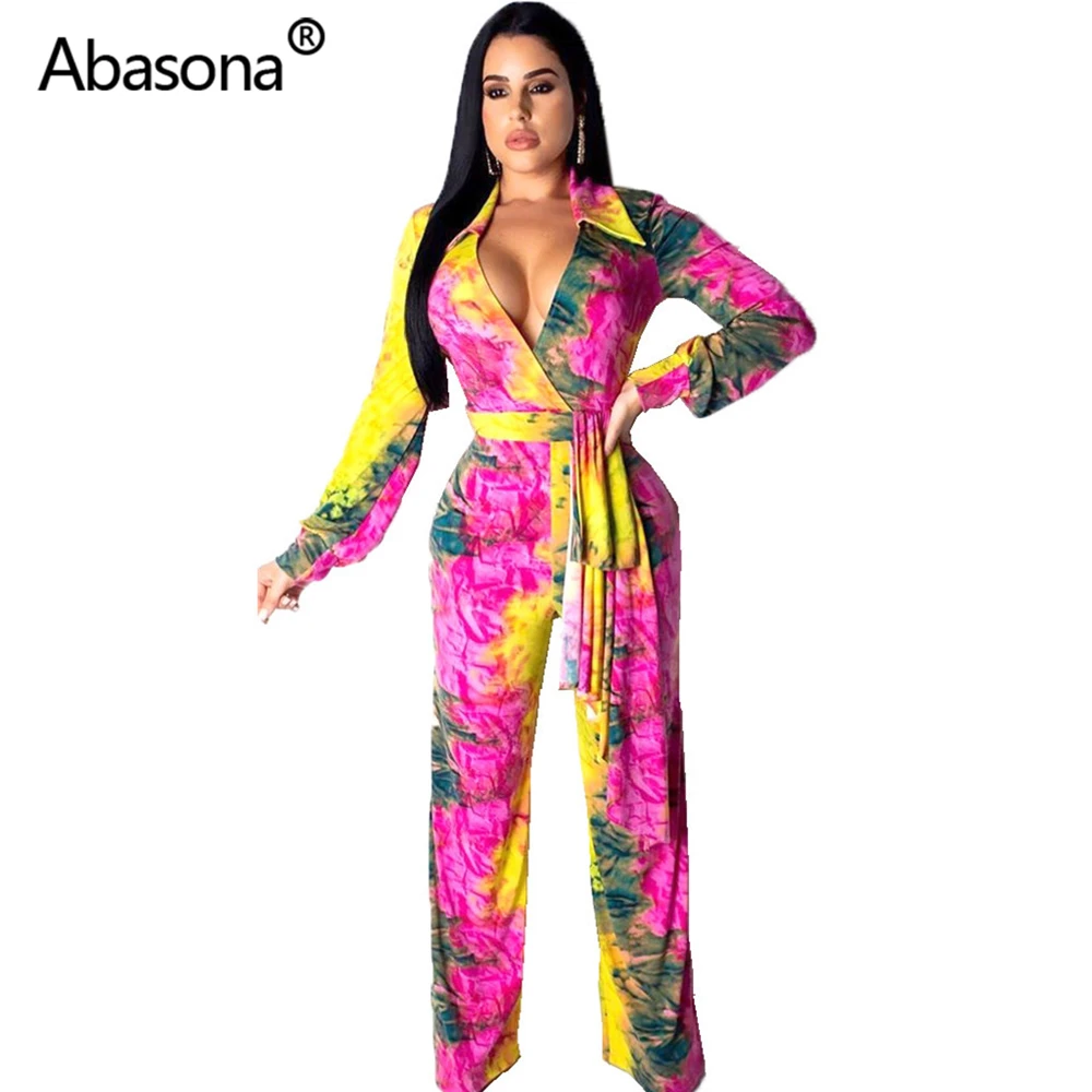 Abasona, Осень-зима, полный рукав, с принтом, сексуальный, Облегающий комбинезон, женский, s, комбинезон, длинные штаны, с поясом, глубокий v-образный вырез, Комбинезоны для женщин - Цвет: Многоцветный