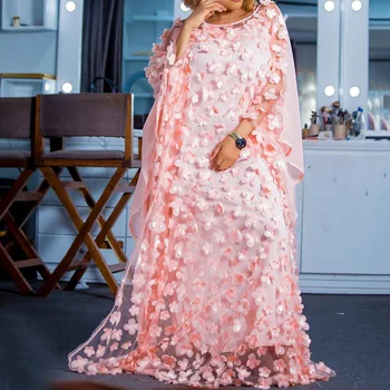 

Women Dress African Fashion Pink 3D Foral Mesh Patchwork Bat Sleeve Loose Long Robe Plus Size Party Floor-Length Maxi Dresses