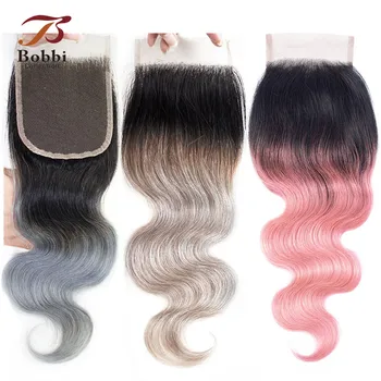 

Bobbi Collection T 1B Dark Grey 4x4 Lace Closure Brazilian Straight Hair Rose Pink Ombre Human Hair Remy Hair Free Middle Part
