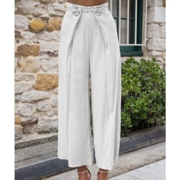 

Women Summer Office Loose Leg Pants Solid Color Lady Wide Leg Pants High Waist Trousers Chic Streetwear Sash Casual Pants Capris