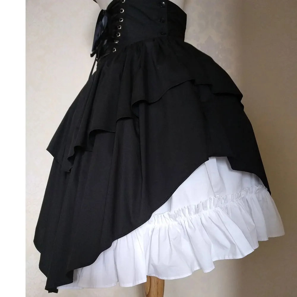 

Gothic Black Lolita Skirt High Waist Ruffled Cotton Midi Skirt w. Asymmetrical Design