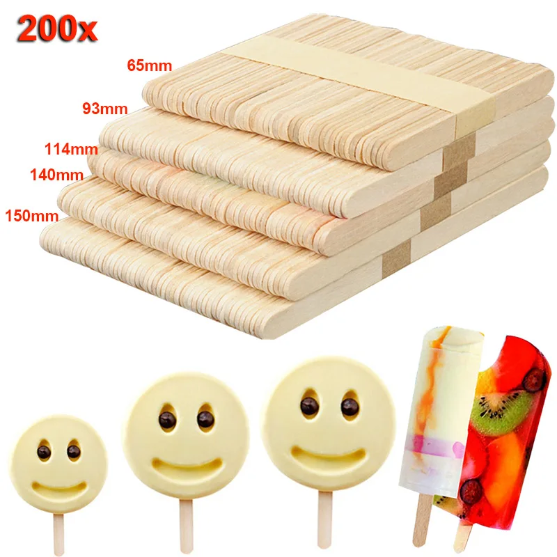 New 200pcs Wooden Ice Cream Sticks Treat Sticks Freezer Pop Sticks Wooden Sticks for Ice Cream Bars 65/93/114/140/150mm SCI88