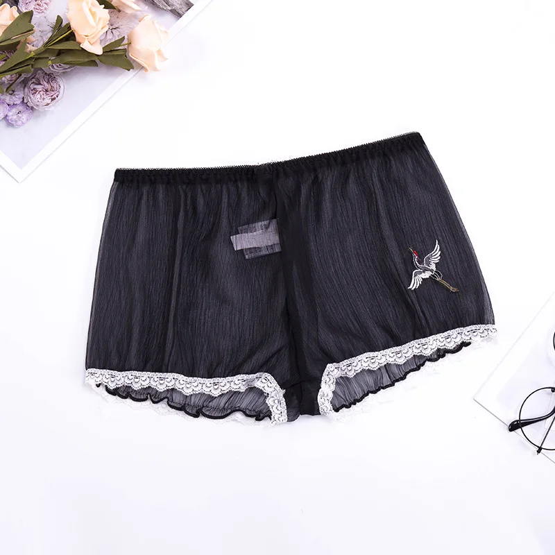 

Sexy black see through safety short pants women chiffon seamless summer thin shorts loose breathable lace embroidery home pants