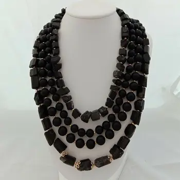 

4 Strands natural Black Tourmaline Rough Matte Onyx Necklace 19"