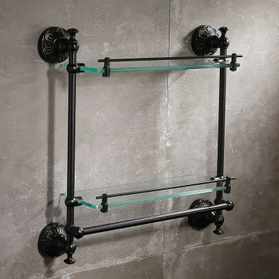 Glass Shelf Набор аксессуаров для ванной, латунный стеллаж для полотенец, угловая полка, держатель для бумаги, держатель для туалетной щетки, крючок для халата, гвоздь, черный, масло, матовый, резной - Цвет: Glass Shelf