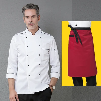 top apron 0F Высокое качество Белый Топ шеф-повар Ресторан Кухня с длинным рукавом Куртка Для мужчин кулинарная одежда двубортный Cozinha форма Костюмы - Цвет: top apron 0F