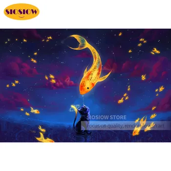 

Full Drill 5d Diy Diamond Painting Cat And Fish Koi 3D Daimond Embroidery Square Mosaic Cross Stitch Modern Home Decor New Year