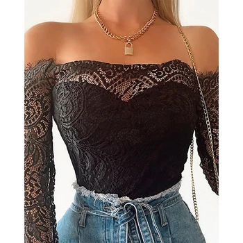 

Women's bodysuits women's long-sleeved bodysuits new lace sexy bodysuits perspective Slim mesh bodysuits women