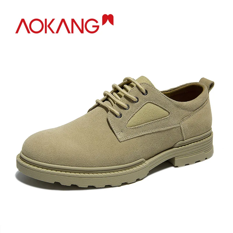 AOKANG Brogue Casual Leather Shoes Men High Quality Fashion Oxford Shoes For Men Lace Up Flats Men Zapatos Hombre - Цвет: apricot193426036