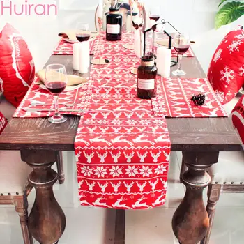

HUIRAN Merry Christmas Happy New Year Red Letter Table Runner Santa claus Elk Placemat Christmas Decorations for Home 2020 Natal