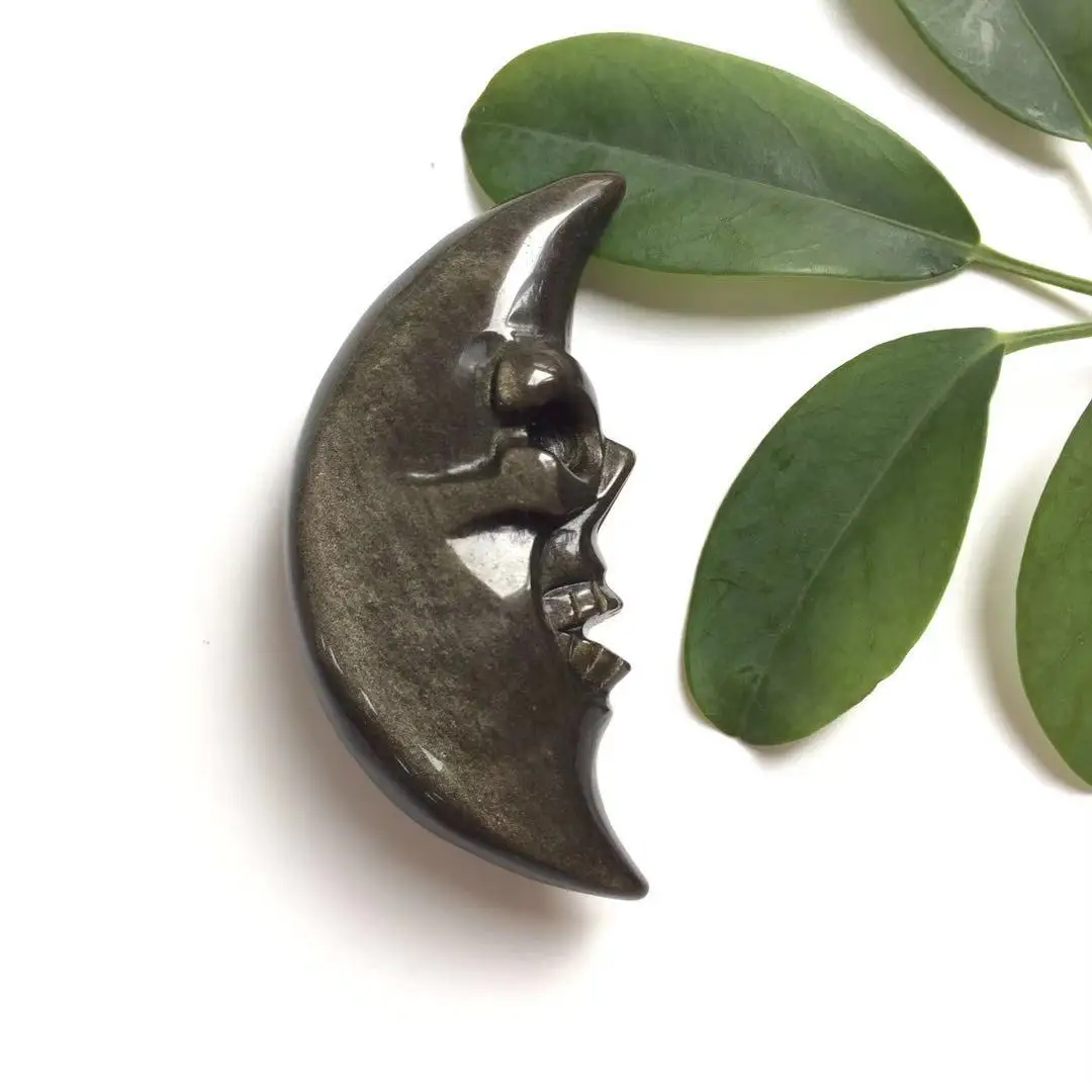 High Quality& Beautiful Natural Golden Obsidian Hand Carved Crystal Fat Moon With Face For Present Or Collection ZY
