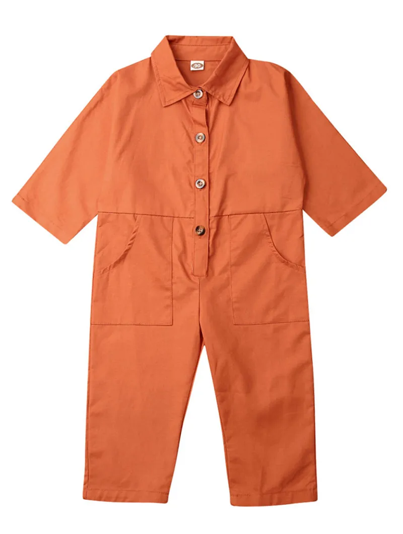 Оранжевый 1-6years Children Casual Jumpsuits Spring Autumn Button Baby Girls Rompers Solid Yellow Green One Piece Rompers For Boys Outfits - Цвет: Оранжевый
