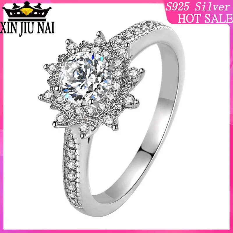 

S925 sterling silver light luxury female Shining sun flower ring proposal marriage wedding 5.5*5.5mm diamond rings for women