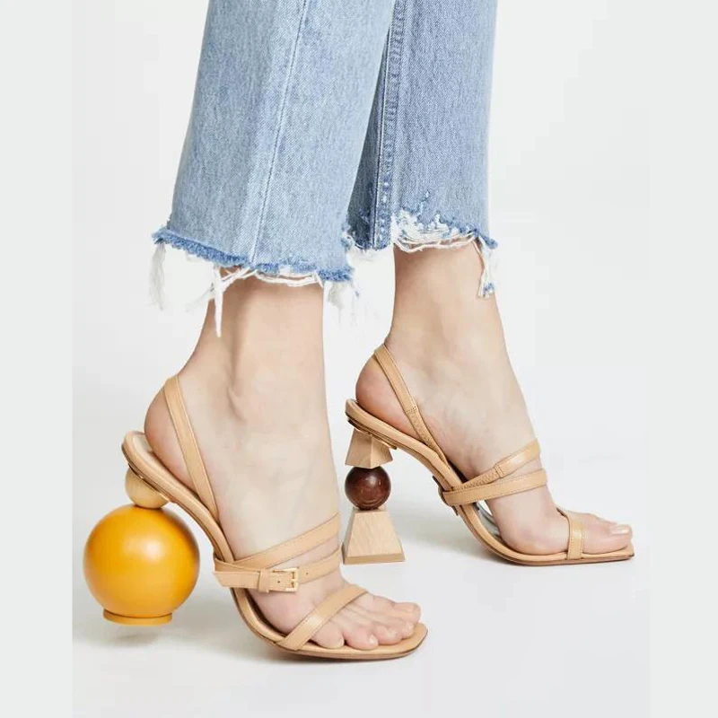 

Summer European Style Asymmetrical Ball Round High Heel Women Sandals Open Toe Strange High Heels Genuine Leather Shoes