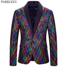 Радуга блестящие блейзер с блестками Для мужчин платок отворот на одной пуговице, красочные пиджак мужской Выходные туфли на выпускной бал сценический танцор певец Костюмы