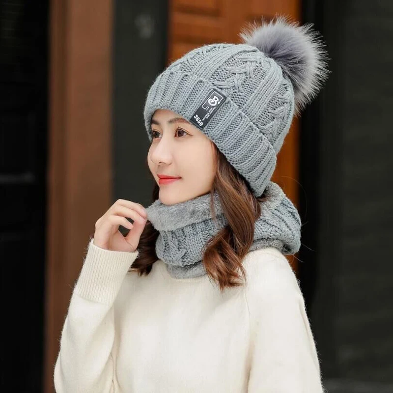 Модная зимняя шапка и шарф, комплект для женщин, девочек, теплые шапочки, кольцо, шарф, помпоны, зимние шапки, вязаные шапки и шарф, 2 шт./компл - Цвет: Hat Scarf gray