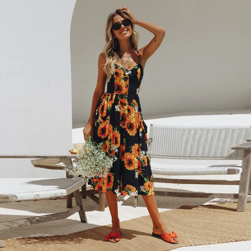 2018 New LOSSKY Women Print Floral Stripe Bohemian Dress V-Neck Sleevele Sexy Button Beach Casual Boho Midi Dress Plus Size 3XL