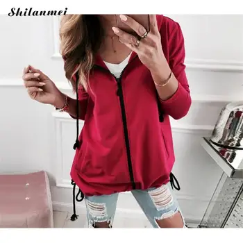 

Women Casual Hooded Coat 2019 Autumn Loose Hoodies Jacket Pockets Zipper Solid Color Streetwear Winter Basic Female Jacket Coat