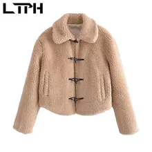 

LTPH thicken warm winter coat women faux fur fluffy jacket high quality vintage horns single breasted loose outwear 2021 new