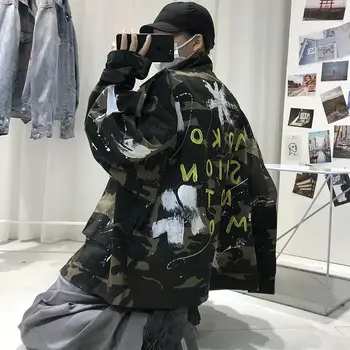 

2020 Spring And Autumn New Youth Popular Men's Loose Splash Ink Letter Printed Denim Jacket Fashion Casual Top Army Green