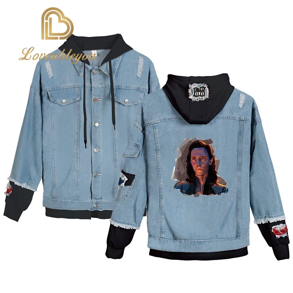 

Unisex 2019 New Cotton Denim Jackets Men's Cowboy Bomber Hoody Jacket Marvel Superhero Loki Print Winter Coats