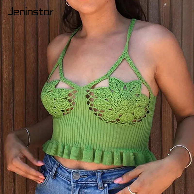 Jeninstar открытая повязка сексуальный женский короткий топ с открытой спиной ребристый летний топ на бретелях женский модный вязаный пляжный вечерние Топ женский