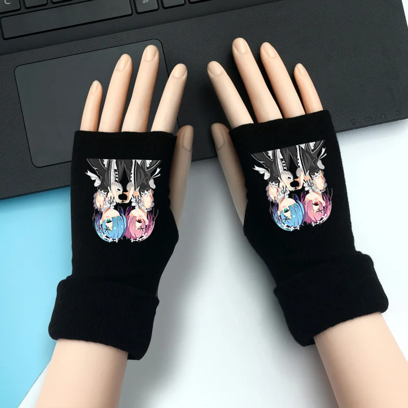 Re Life In A Different World Rem Ram Knitting Gloves Cotton Warm Half Finger Wrist Mittens Cosplay Prop Accessories Gift Winter