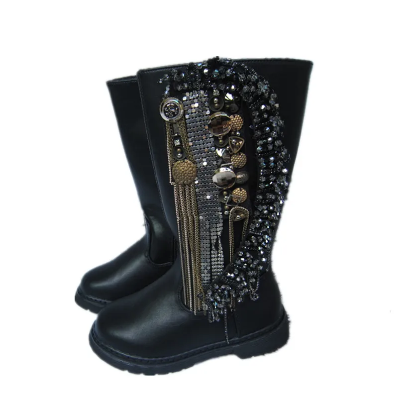  New Winter Kids Knee High Boots Baby Girls Rhinestone Shoes Children Tassel Boots Black Brand Boots