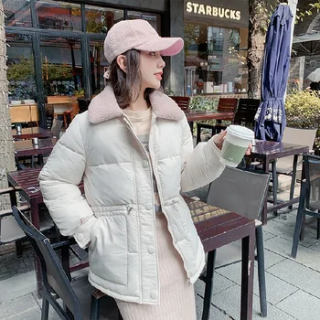 

Winter Fashion jacket women's short bread clothing lamb fur collar coat thick section warm waist drawstring designLoose zipper