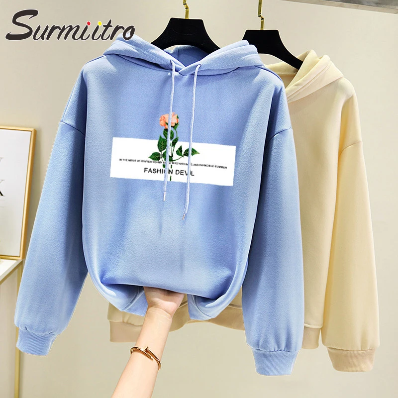 

Surmiitro Floral Print Warm Winter Hooded Sweatshirt Female 2019 Autumn Korean Kpop Long Sleeve Ladies Hoodies Women Pullover