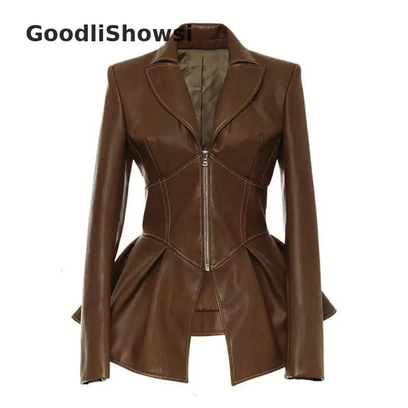 GoodliShowsi, уличные женские байкерские куртки, одноцветные, с отворотом, с оборками, Hemline, кожаная куртка, шикарный Женский блейзер на молнии - Цвет: Коричневый