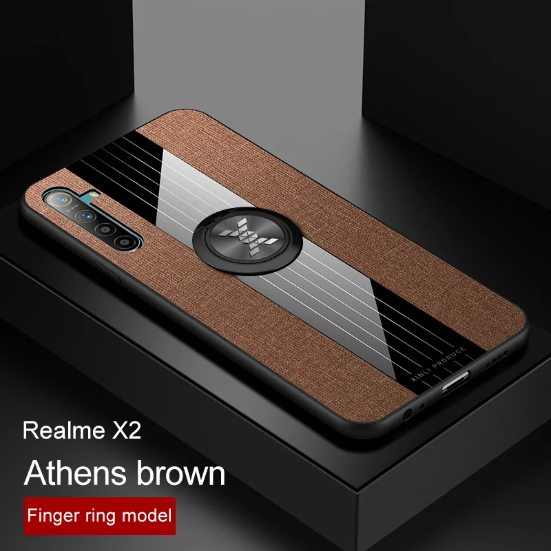Brown With Ring Чехол для Realme X2 Pro, тканевый, с кольцом на палец, мягкий силиконовый чехол для OPPO Realme X2 XT Fundas - Цвет: Brown With Ring