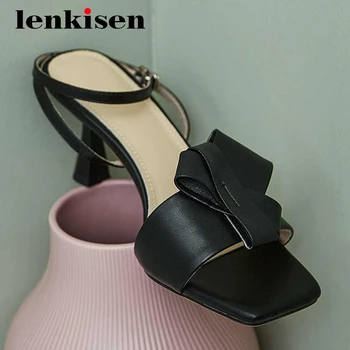

Lenkisen french romantic genuine leather butterfly-knot square toe thin high heel women shoes buckle straps summer sandals L99