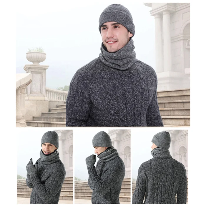 Набор из 3 предметов для взрослых, мужская вязаная шапка, перчатки, шарф, наборы, модные зимние плотные теплые однотонные аксессуары для одежды