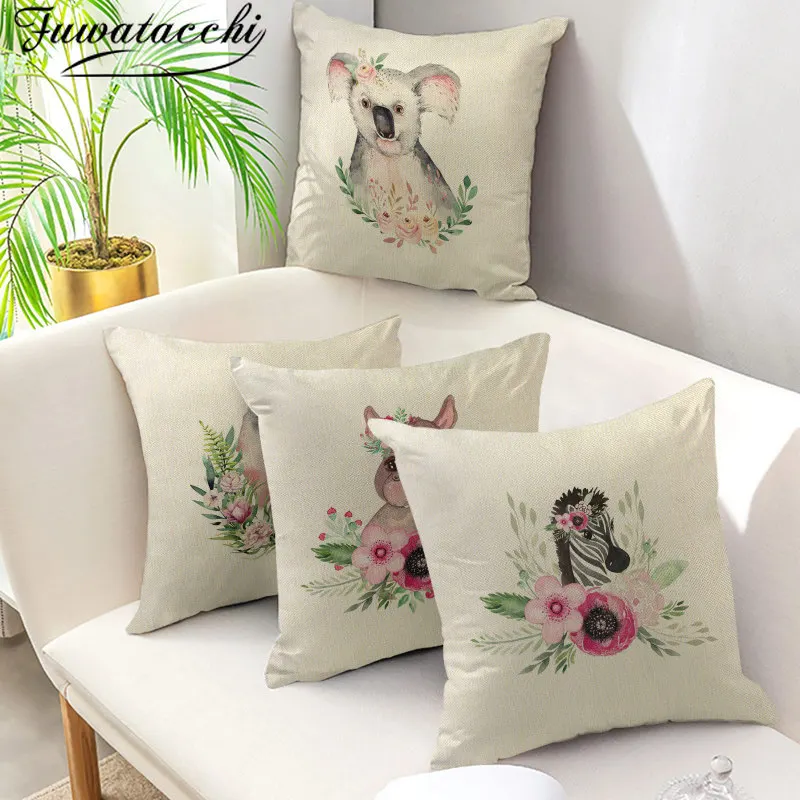 

Fuwatacchi Cushion Cover Linen Cute Elephant Print Pillow Cover Throw Pillows Cases Decorative Sofa Home Decor Cushion Covers