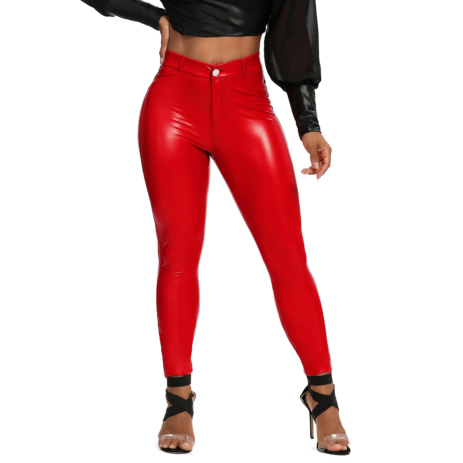 PU Leather Leggings with Pocket for Women Night Club High Waist Curvy Elastic Ruched Tummy Control