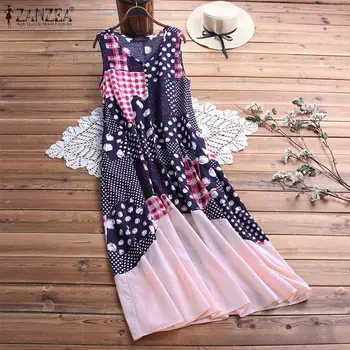 

2020 Summer Sleeveless Sundress Women Maxi Long Dress ZANZEA Ladies Baggy Bohemian Robe Femme Vintage Patchwork Printed Vestidos
