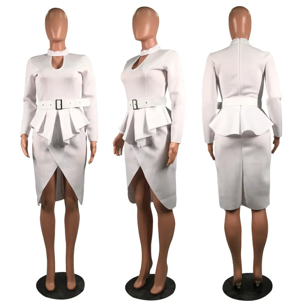 Женская одежда для работы, офисное Деловое платье миди, осень-весна, плиссированное платье с баской и длинным рукавом, облегающее платье, элегантные винтажные вечерние платья - Цвет: Белый