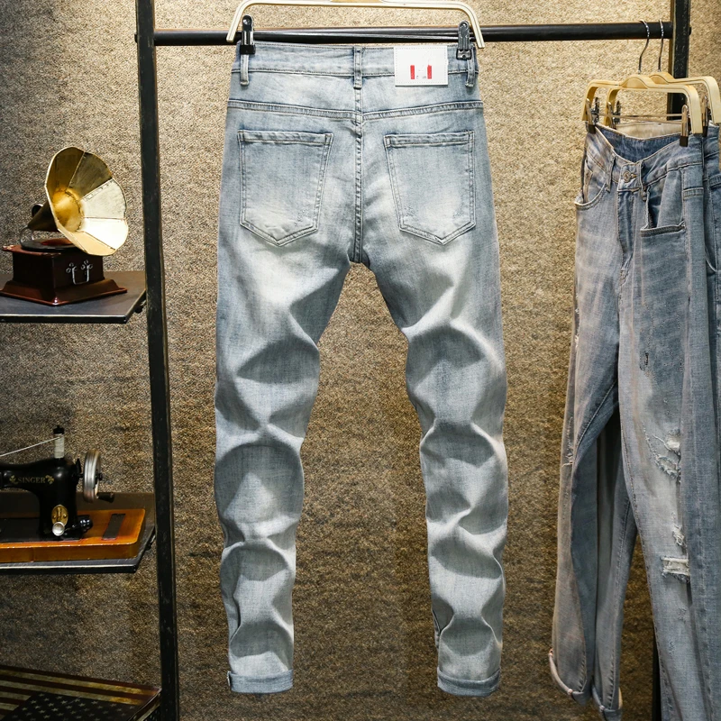 Джинсы-султанки мужские с эффектом потертости Модные зауженные брюки из денима