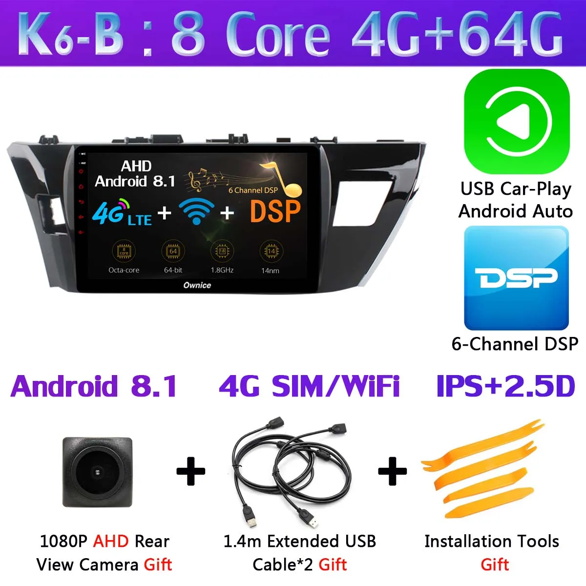 K6-B-CarPlay 360°Panoramic Android 9,0 4G+ 64G SPDIF DSP CarPlay автомобильный мультимедийный плеер для Toyota Corolla levin gps радио - Цвет: K6-B-CarPlay