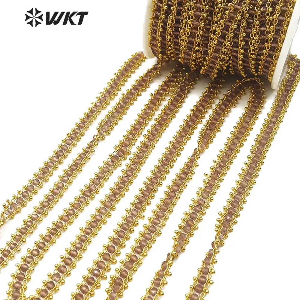 WT-RBC121 Natural Stone Chain Brown Stone Beads With Gold Electroplated Chain 3MM Beads Rosary Chain 10 meters For Jewel Making