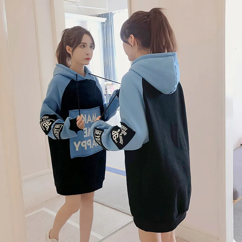 2518BlueMidLong RICORIT флисовые длинные Толстовки женские Свободные Лоскутные пуловеры женские с капюшоном Прямая поставка Толстая Толстовка Зимние с длинным рукавом Топы - Цвет: 2518BlueMidLong