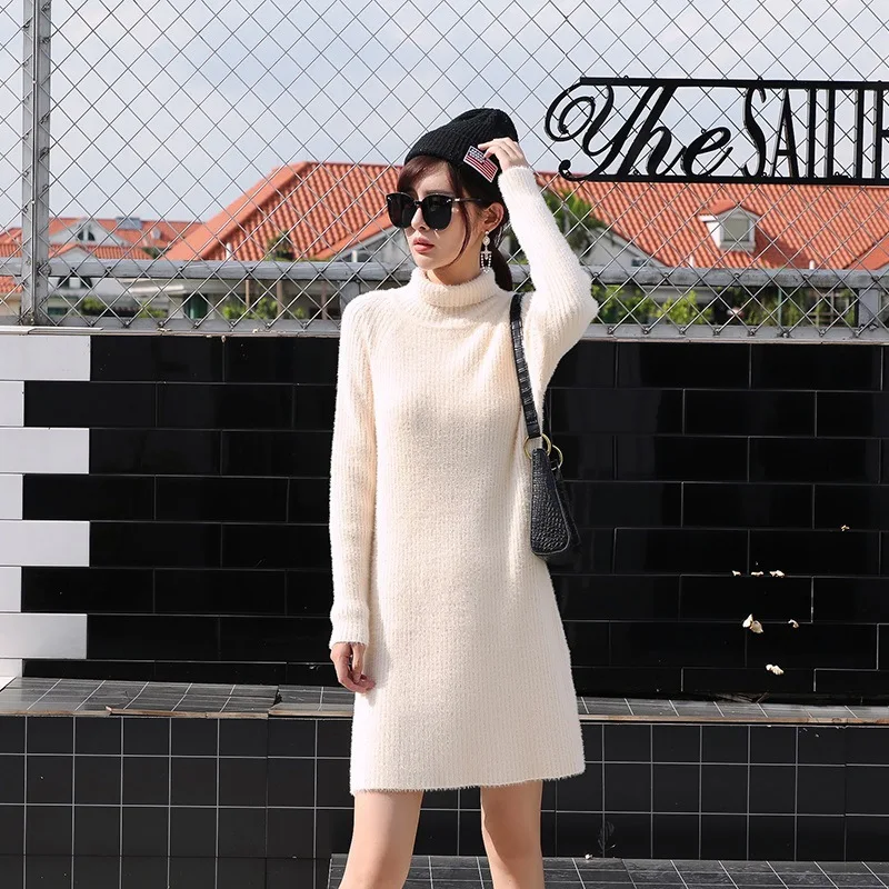 HLBCBG Women Long Sleeve Sweater Dress Thick Warm Autumn Winter Chic Turtleneck Short Mini Knitted Pullover Dresses | Женская одежда