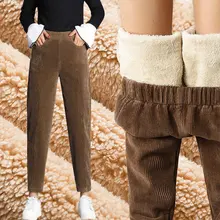 

Women Thick Plush Corduroy Pants 2021 Winter Casual Solid Color High Waist Harem Pants Female Warm Fleece Long Pants Trousers