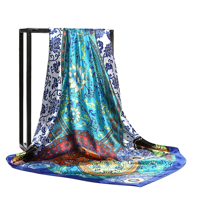 Floral Print Head Scarf For Women Silk Satin Hijab Scarfs Orange Red 90*90cm Square Neckerchief Headband Scarves For Ladies 6