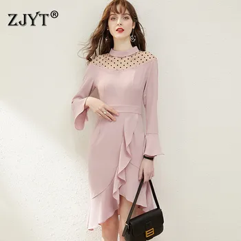 

High Street Fashion Woman Dress Spring New 2020 Designer Elegant Flare Sleeve Dot Patchwork Ruffles Sexy Sweet Party Dress Black