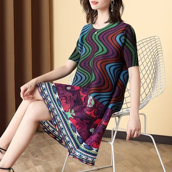 

LANMREM pleated printed dresses famale summer fashion 2020 new large size patchwork color block hem short sleeve clothes YJ396